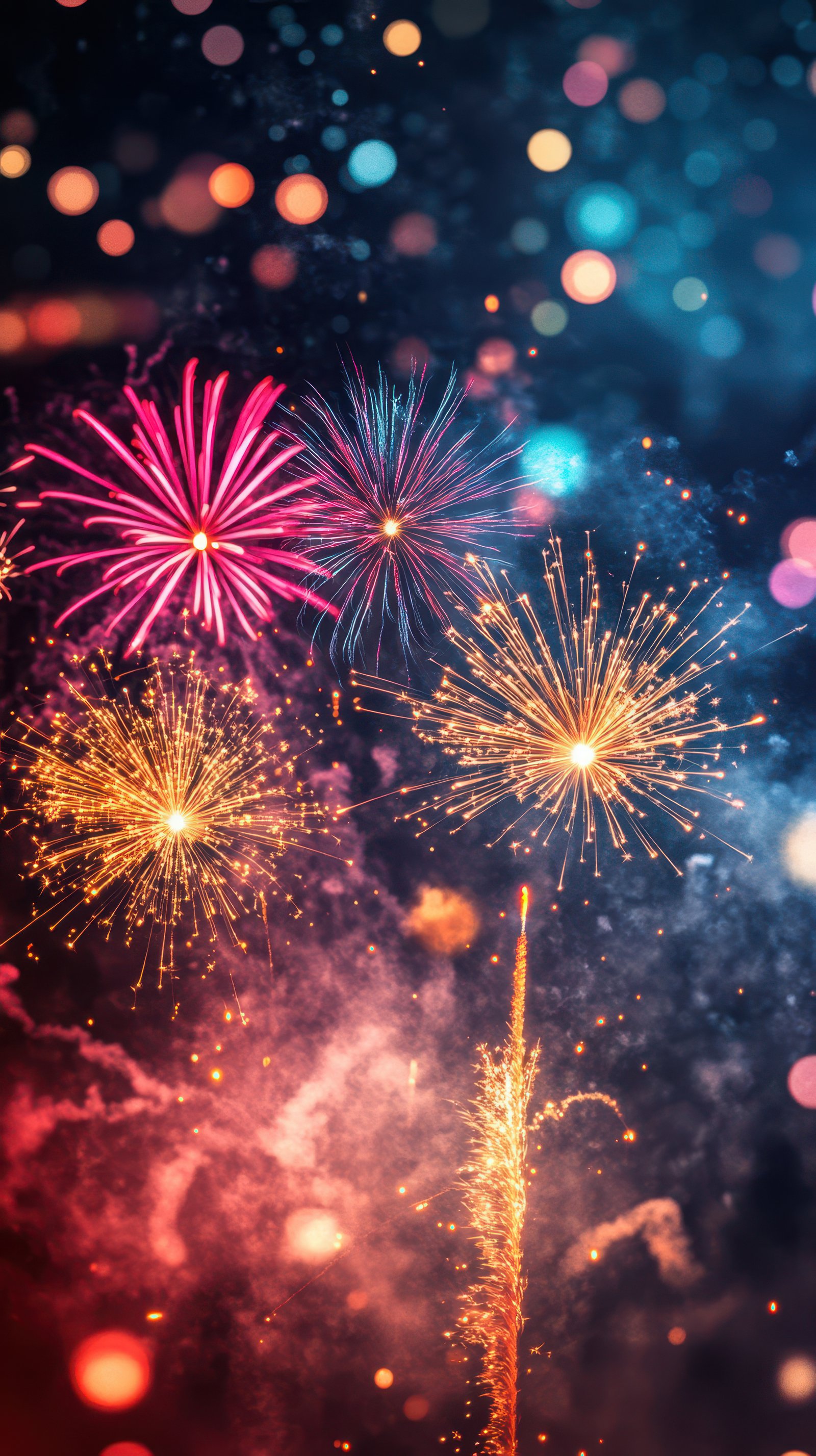 Colorful fireworks illuminate the night sky over a city during a festive celebration in summer